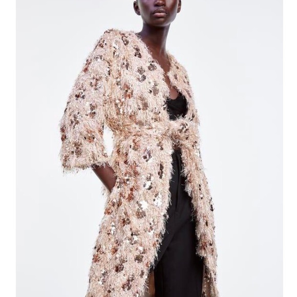 Zara Eyelash Fringe Sequin Pink Cardigan Robe Kimono with Belt XS/S - Picture 2 of 8